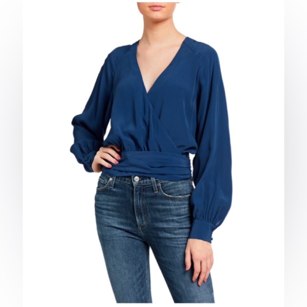 7 FOR ALL MANKIND TIE-BACK LONG-SLEEVE SUPLICE WRAP TOP COBALT BLUE SIZE L NWT